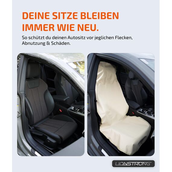 LIONSTRONG® Autositzschoner Vordersitz universell kompatibel [WASSERDICHT] - Autositzbezüge Vordersitze - Sitzschoner Sitzbezüge Auto - Autositz Sitzschutz - Werkstattschoner - Polyester Beige 2 St.