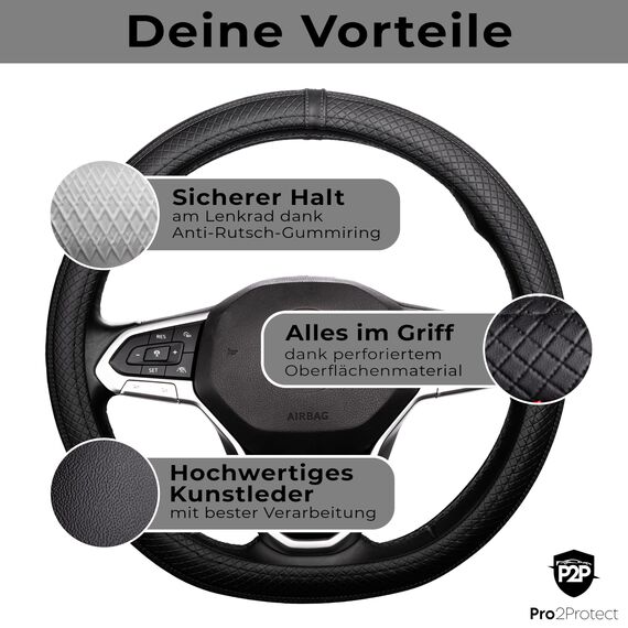 [ 2X Test SEHR GUT ] Pro2Protect Lenkradbezug Leder | Auto Zubehör Innenraum | Lenkradhüllen Grand Tour | Lenkradschoner PKW | Lenkrad Bezug Lenkradschutz | Autozubehör Geschenke für Frauen und Männer