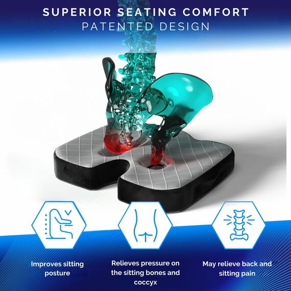 Healthfix® Orthopädisches Sitzkissen für Büro, Auto & Co.- Ergonomisches Sitzen aus Memory Foam mit entlastender Funktion des Steißbeins und der Sitzknochen (Fest (85-135 KG))