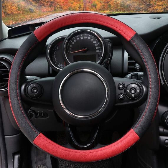 COFIT Anti-Rutsch Lenkradbezug Auto Lenkrad üBerzug Lenkradhülle Universal Mikrofaser Leder Autolenkradbezug Autozubehör S 35.5-36cm Rot and Schwarz