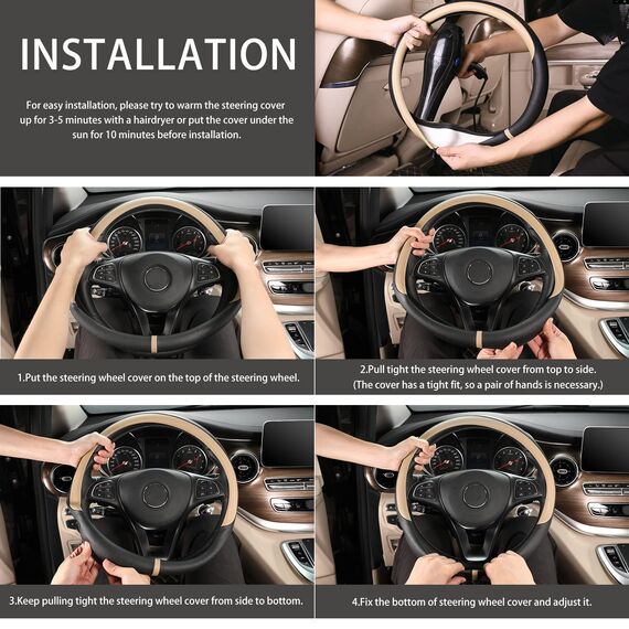 COFIT Lenkradbezug Auto Universal LenkradhüLle Anti-Rutsch Lenkrad üBerzug Mikrofaser Leder Lenkradschutz L 39-40.5cm Beige und Schwarz