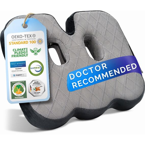 Healthfix® Orthopädisches Sitzkissen für Büro, Auto & Co.- Ergonomisches Sitzen aus Memory Foam mit entlastender Funktion des Steißbeins und der Sitzknochen (Fest (85-135 KG))