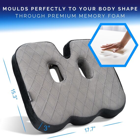 Healthfix® Orthopädisches Sitzkissen für Büro, Auto & Co.- Ergonomisches Sitzen aus Memory Foam mit entlastender Funktion des Steißbeins und der Sitzknochen (Fest (85-135 KG))