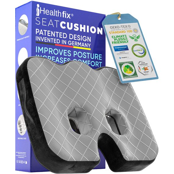 Healthfix® Orthopädisches Sitzkissen für Büro, Auto & Co.- Ergonomisches Sitzen aus Memory Foam mit entlastender Funktion des Steißbeins und der Sitzknochen (Fest (85-135 KG))