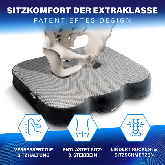Healthfix® Orthopädisches Sitzkissen für Büro, Auto & Co.- Ergonomisches Sitzen aus Memory Foam mit entlastender Funktion des Steißbeins und der Sitzknochen (Soft (45-70 KG))