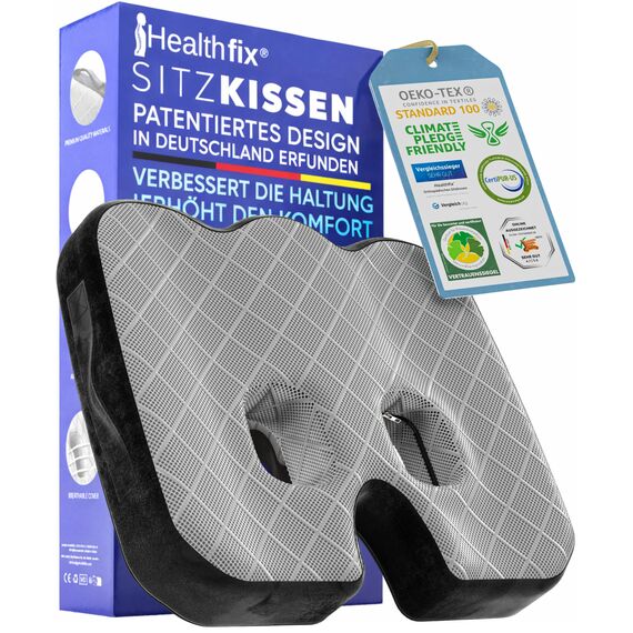 Healthfix® Orthopädisches Sitzkissen für Büro, Auto & Co.- Ergonomisches Sitzen aus Memory Foam mit entlastender Funktion des Steißbeins und der Sitzknochen (Soft (45-70 KG))
