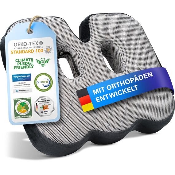 Healthfix® Orthopädisches Sitzkissen für Büro & Co.- Ergonomisches Sitzen aus Memory Foam mit entlastender Funktion des Steißbeins und der Sitzknochen (Mittel-Fest)