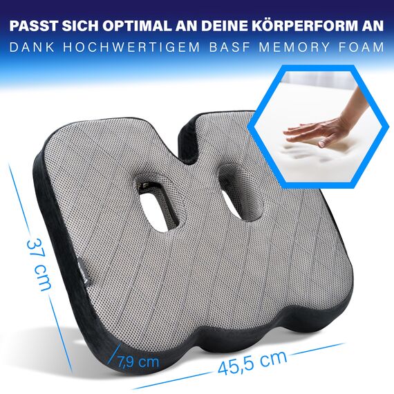 Healthfix® Orthopädisches Sitzkissen für Büro & Co.- Ergonomisches Sitzen aus Memory Foam mit entlastender Funktion des Steißbeins und der Sitzknochen (Mittel-Fest)