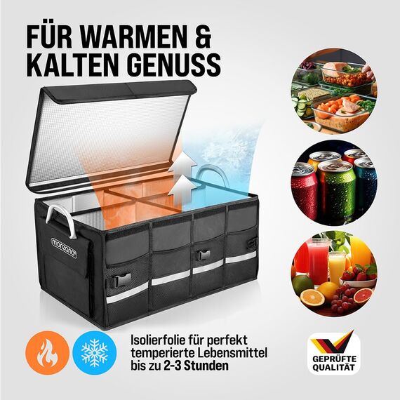 Monzana® Kofferraum Organizer Deckel 68L Isolierung Alu-Griffe Trennwände Wasserdicht Faltbar MDF Wände Rutschfest Kofferraumtasche Kühltasche Faltbox