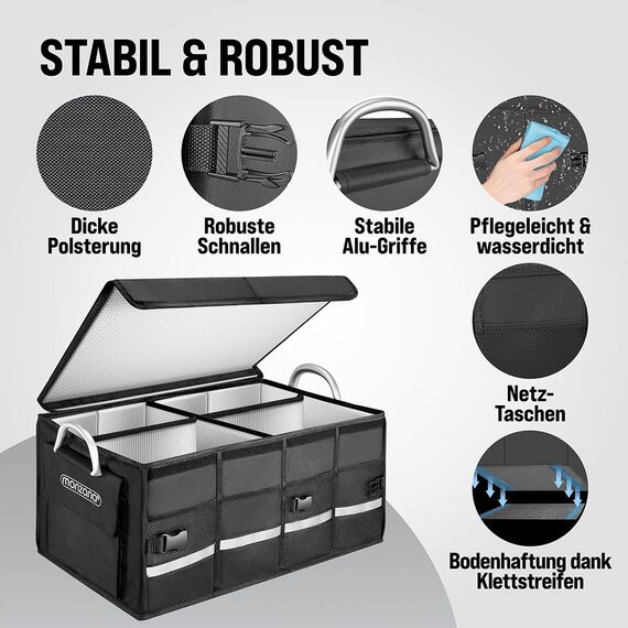 Monzana® Kofferraum Organizer Deckel 68L Isolierung Alu-Griffe Trennwände Wasserdicht Faltbar MDF Wände Rutschfest Kofferraumtasche Kühltasche Faltbox