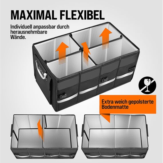 Monzana® Kofferraum Organizer Deckel 68L Isolierung Alu-Griffe Trennwände Wasserdicht Faltbar MDF Wände Rutschfest Kofferraumtasche Kühltasche Faltbox