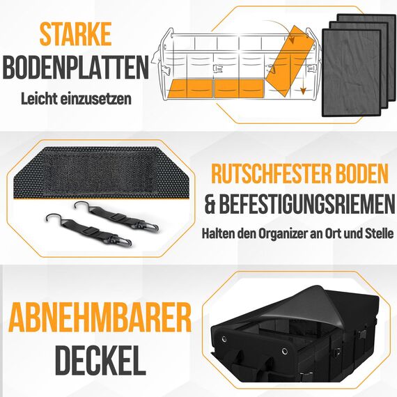 FORTEM Kofferraum Organizer, Kofferraumtasche, Zusammenklappbarer Auto Organizer Kofferraum mit Fächern, Rutschfester Boden, Verstellbare Sicherungsriemen, Klappbarer Deckel (Schwarz, Extragroß)