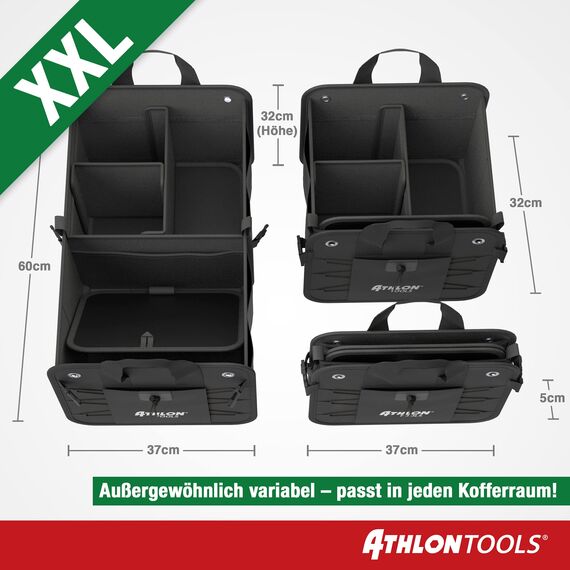 ATHLON TOOLS Premium Kofferraumtasche mit Deckel - 60 Liter XXL Auto Kofferraum Organizer - Extra stabile & wasserfeste Böden - lebensmittelecht - Antirutsch-Klett am Boden