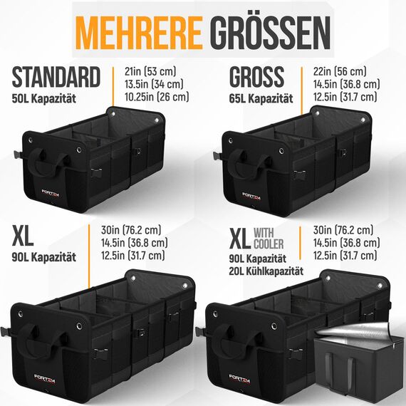 FORTEM Kofferraum Organizer, Kofferraumtasche, Zusammenklappbarer Auto Organizer Kofferraum mit Fächern, Rutschfester Boden, Verstellbare Sicherungsriemen, Klappbarer Deckel (Schwarz, Extragroß)