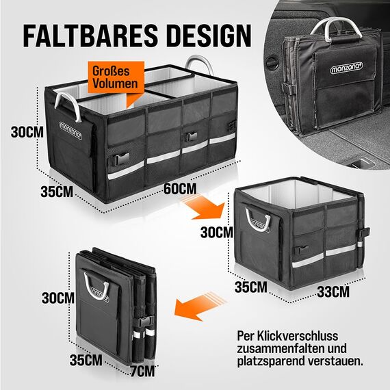 Monzana® Kofferraum Organizer Deckel 68L Isolierung Alu-Griffe Trennwände Wasserdicht Faltbar MDF Wände Rutschfest Kofferraumtasche Kühltasche Faltbox