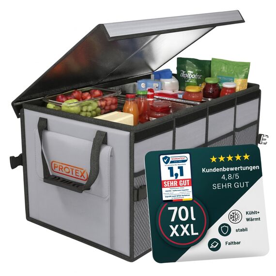 PROTEX Kofferraum Organizer [Testsieger 2025] 70 L Kühltasche - Faltbare Kofferraumtasche mit Deckel - XXL Kofferraumbox mit Wärme- & Kältedämmung - Praktisch & Wasserdicht (grau)