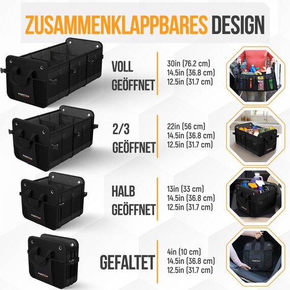 FORTEM Kofferraum Organizer, Kofferraumtasche, Zusammenklappbarer Auto Organizer Kofferraum mit Fächern, Rutschfester Boden, Verstellbare Sicherungsriemen, Klappbarer Deckel (Schwarz, Extragroß)