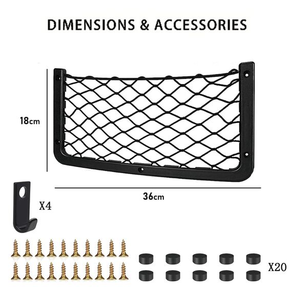 Omtofo 4 Stück 36 x 18cm Auto Aufbewahrungsnetz, Elastisch Kofferraum Netztasche Mit Haken, Gepäcknetz Ablagenetz für Wohnmobil, Wohnwagen, LKW, Boote, Lieferwagen