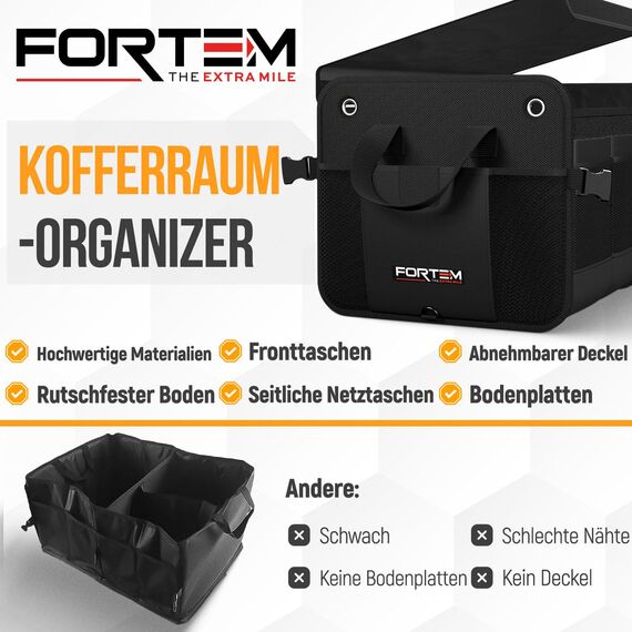 FORTEM Kofferraum Organizer, Kofferraumtasche, Zusammenklappbarer Auto Organizer Kofferraum mit Fächern, Rutschfester Boden, Verstellbare Sicherungsriemen, Klappbarer Deckel (Schwarz, Extragroß)
