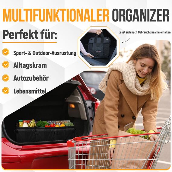FORTEM Kofferraum Organizer, Kofferraumtasche, Zusammenklappbarer Auto Organizer Kofferraum mit Fächern, Rutschfester Boden, Verstellbare Sicherungsriemen, Klappbarer Deckel (Schwarz, Extragroß)