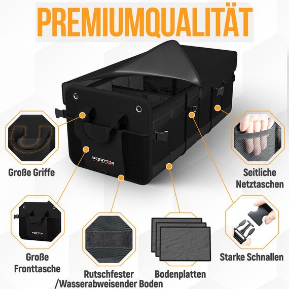 FORTEM Kofferraum Organizer, Kofferraumtasche, Zusammenklappbarer Auto Organizer Kofferraum mit Fächern, Rutschfester Boden, Verstellbare Sicherungsriemen, Klappbarer Deckel (Schwarz, Extragroß)