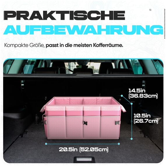 FORTEM Kofferraum Organizer, Kofferraumtasche, Zusammenklappbarer Auto Organizer Kofferraum mit Fächern, Rutschfester Boden, Verstellbare Sicherungsriemen, Klappbarer Deckel (Rosa)