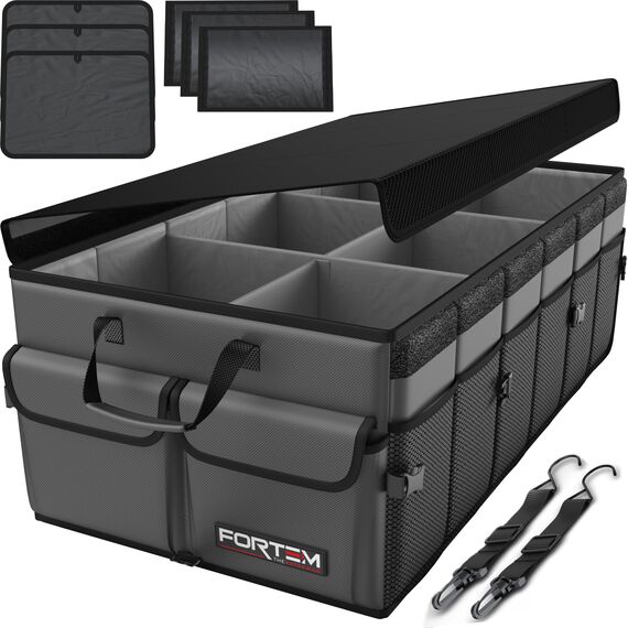 FORTEM Kofferraum Organizer, Kofferraumtasche, Zusammenklappbarer Auto Organizer Kofferraum mit Fächern, Rutschfester Boden, Verstellbare Sicherungsriemen, Klappbarer Deckel (Grau)