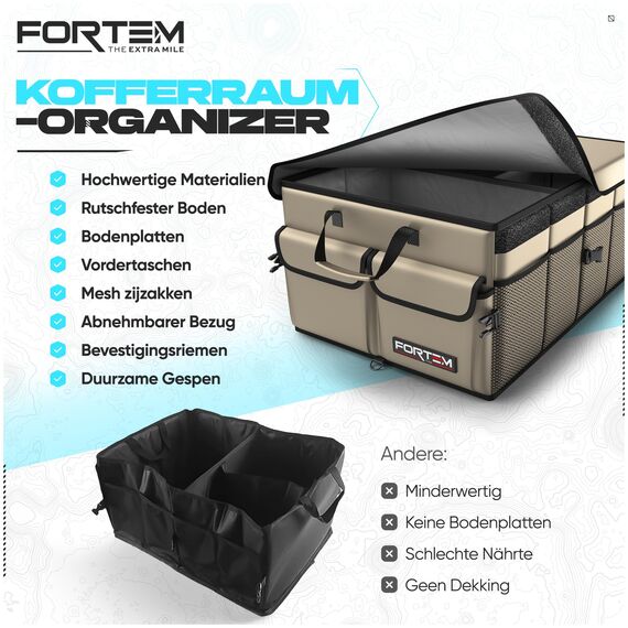 FORTEM Kofferraum Organizer, Kofferraumtasche, Zusammenklappbarer Auto Organizer Kofferraum mit Fächern, Rutschfester Boden, Verstellbare Sicherungsriemen, Klappbarer Deckel (Beige)