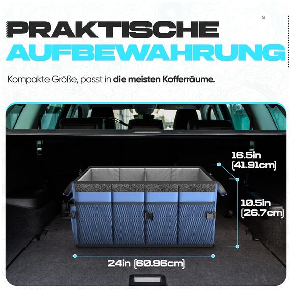 FORTEM Kofferraum Organizer, Kofferraumtasche, Zusammenklappbarer Auto Organizer Kofferraum mit Fächern, Rutschfester Boden, Verstellbare Sicherungsriemen, Klappbarer Deckel (Blau)