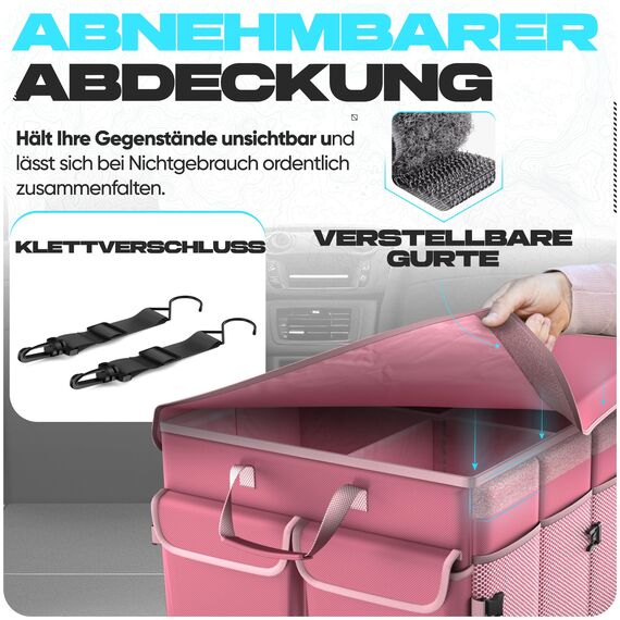 FORTEM Kofferraum-Organizer mit Kühler, zusammenklappbarem Mehrfachfach, faltbarer SUV-Aufbewahrung für Autozubehör für Frauen, rutschfester Boden, Befestigungsgurte, Abdeckung (Rosa)