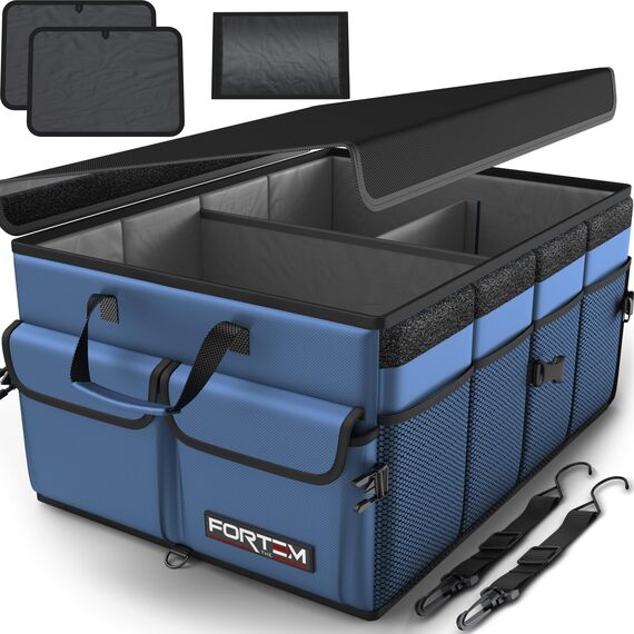 FORTEM Kofferraum Organizer, Kofferraumtasche, Zusammenklappbarer Auto Organizer Kofferraum mit Fächern, Rutschfester Boden, Verstellbare Sicherungsriemen, Klappbarer Deckel (Blau)