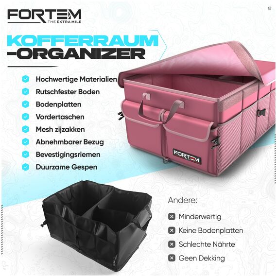 FORTEM Kofferraum Organizer, Kofferraumtasche, Zusammenklappbarer Auto Organizer Kofferraum mit Fächern, Rutschfester Boden, Verstellbare Sicherungsriemen, Klappbarer Deckel (Rosa)