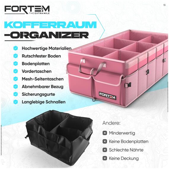 FORTEM Kofferraum Organizer, Kofferraumtasche, Zusammenklappbarer Auto Organizer Kofferraum mit Fächern, Rutschfester Boden, Verstellbare Sicherungsriemen, Klappbarer Deckel (Rosa)