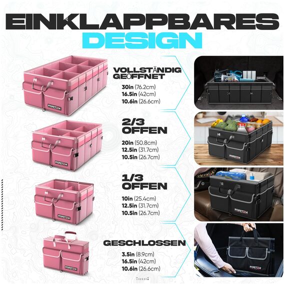 FORTEM Kofferraum Organizer, Kofferraumtasche, Zusammenklappbarer Auto Organizer Kofferraum mit Fächern, Rutschfester Boden, Verstellbare Sicherungsriemen, Klappbarer Deckel (Rosa)
