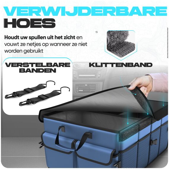 FORTEM Kofferraum Organizer, Kofferraumtasche, Zusammenklappbarer Auto Organizer Kofferraum mit Fächern, Rutschfester Boden, Verstellbare Sicherungsriemen, Klappbarer Deckel (Blau)