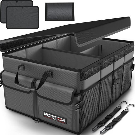 FORTEM Kofferraum Organizer, Kofferraumtasche, Zusammenklappbarer Auto Organizer Kofferraum mit Fächern, Rutschfester Boden, Verstellbare Sicherungsriemen, Klappbarer Deckel (Grau)