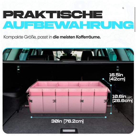FORTEM Kofferraum-Organizer mit Kühler, zusammenklappbarem Mehrfachfach, faltbarer SUV-Aufbewahrung für Autozubehör für Frauen, rutschfester Boden, Befestigungsgurte, Abdeckung (Rosa)