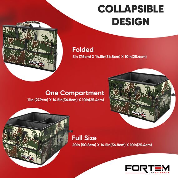 FORTEM Kofferraum Organizer, Kofferraumtasche, Zusammenklappbarer Auto Organizer Kofferraum mit Fächern, Rutschfester Boden, Verstellbare Sicherungsriemen, Klappbarer Deckel (Wald)