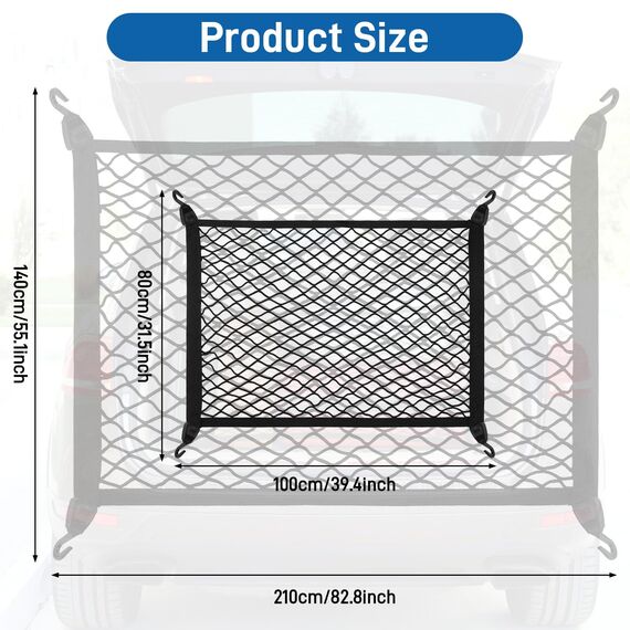 Yimomoyi Groß Gepäcknetz Auto, Kofferraumnetz 100X80cm Erstreckt Sich auf 210x140cm, Kofferraum Netz Mit 4 Haken, Gepäcknetz Wohnmobil für die Meisten Autos, Elastischer Rand hält Lasten Fester