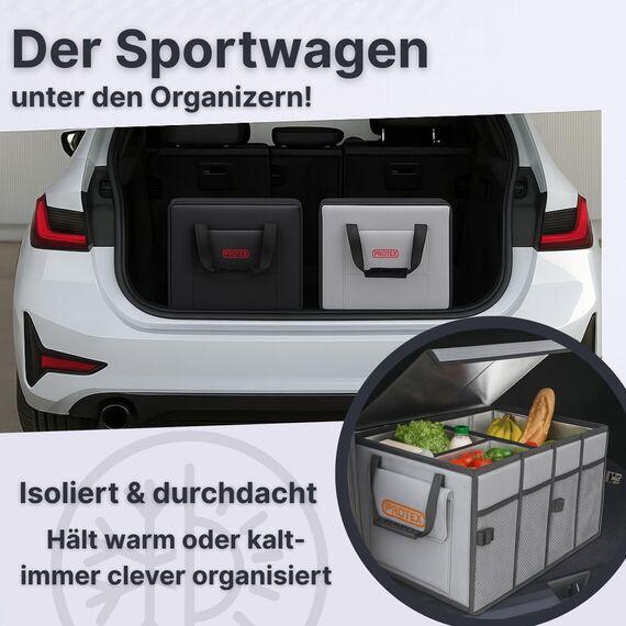 PROTEX Kofferraum Organizer [Testsieger 2025] 70 L Kühltasche - Faltbare Kofferraumtasche mit Deckel - XXL Kofferraumbox mit Wärme- & Kältedämmung - Praktisch & Wasserdicht (grau)