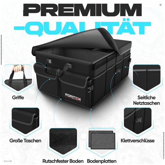 FORTEM Kofferraum Organizer, Kofferraumtasche, Zusammenklappbarer Auto Organizer Kofferraum mit Fächern, Rutschfester Boden, Verstellbare Sicherungsriemen, Klappbarer Deckel (Schwarz)