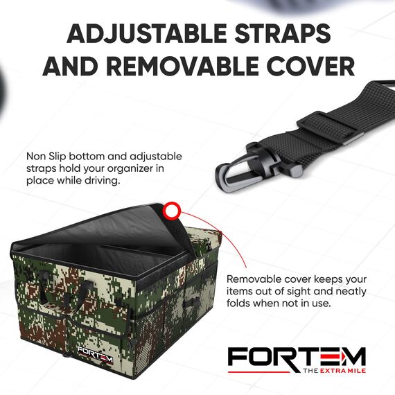 FORTEM Kofferraum Organizer, Kofferraumtasche, Zusammenklappbarer Auto Organizer Kofferraum mit Fächern, Rutschfester Boden, Verstellbare Sicherungsriemen, Klappbarer Deckel (Wald)