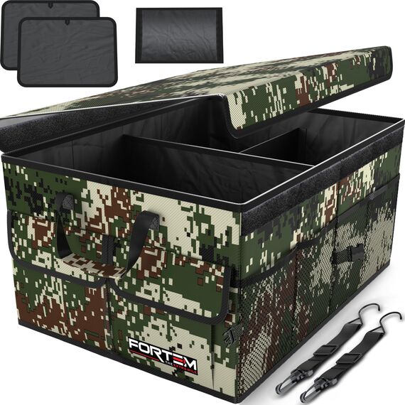 FORTEM Kofferraum Organizer, Kofferraumtasche, Zusammenklappbarer Auto Organizer Kofferraum mit Fächern, Rutschfester Boden, Verstellbare Sicherungsriemen, Klappbarer Deckel (Wald)
