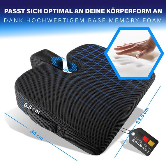 Healthfix® Auto-Keilkissen – ergonomisches orthopädisches Sitzkissen fürs Auto, rutschfest & waschbar – Memory-Foam, Härtegrad - Fest (85–135 kg)