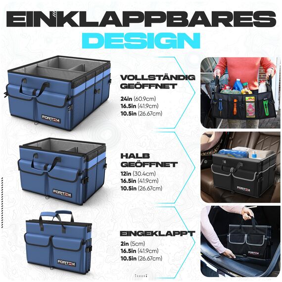 FORTEM Kofferraum Organizer, Kofferraumtasche, Zusammenklappbarer Auto Organizer Kofferraum mit Fächern, Rutschfester Boden, Verstellbare Sicherungsriemen, Klappbarer Deckel (Blau)