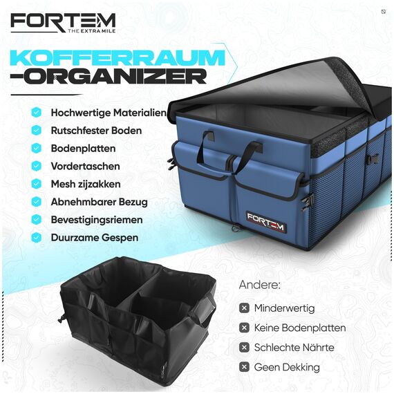 FORTEM Kofferraum Organizer, Kofferraumtasche, Zusammenklappbarer Auto Organizer Kofferraum mit Fächern, Rutschfester Boden, Verstellbare Sicherungsriemen, Klappbarer Deckel (Blau)