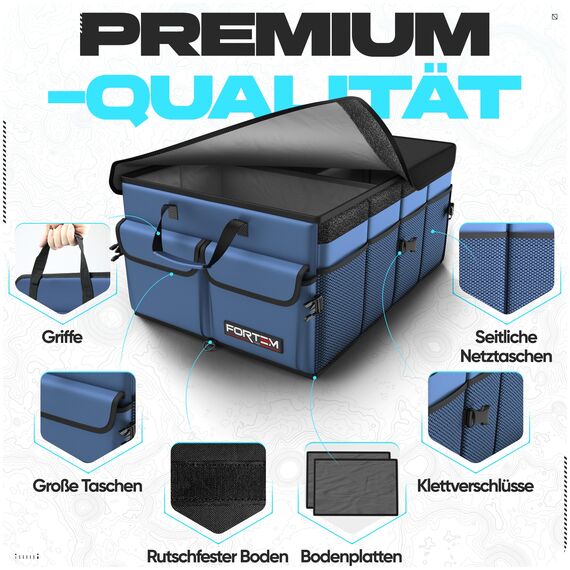 FORTEM Kofferraum Organizer, Kofferraumtasche, Zusammenklappbarer Auto Organizer Kofferraum mit Fächern, Rutschfester Boden, Verstellbare Sicherungsriemen, Klappbarer Deckel (Blau)