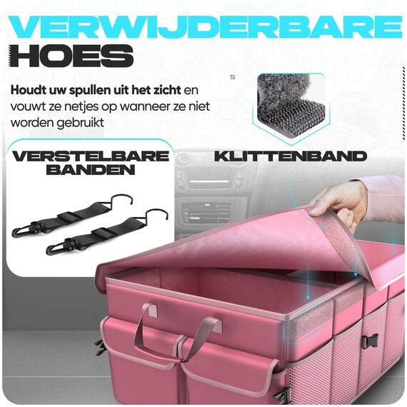 FORTEM Kofferraum Organizer, Kofferraumtasche, Zusammenklappbarer Auto Organizer Kofferraum mit Fächern, Rutschfester Boden, Verstellbare Sicherungsriemen, Klappbarer Deckel (Rosa)
