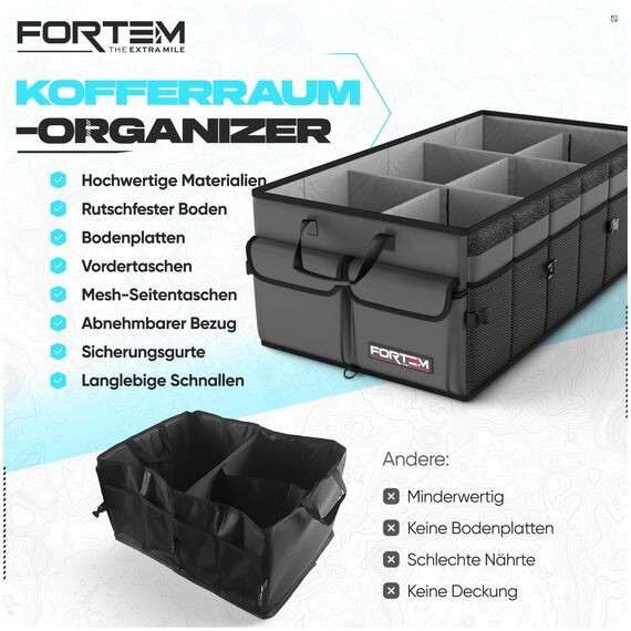 FORTEM Kofferraum Organizer, Kofferraumtasche, Zusammenklappbarer Auto Organizer Kofferraum mit Fächern, Rutschfester Boden, Verstellbare Sicherungsriemen, Klappbarer Deckel (Grau)