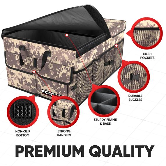 FORTEM Kofferraum Organizer, Kofferraumtasche, Zusammenklappbarer Auto Organizer Kofferraum mit Fächern, Rutschfester Boden, Verstellbare Sicherungsriemen, Klappbarer Deckel (Wüste)